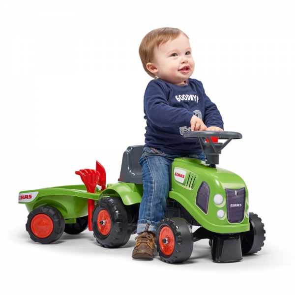 FALK baby Claas ride-on traktor med trailer, rive og skovl