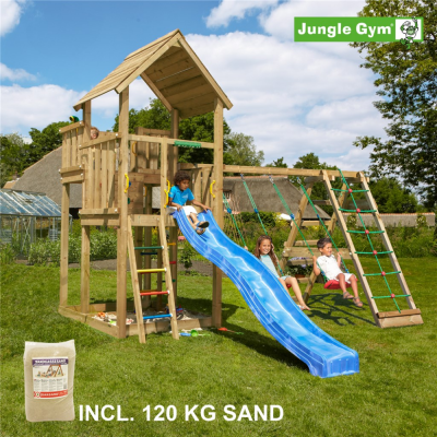 Legetrn komplet Jungle Gym Palace inkl. Climb module x'tra, 120 kg sand og bl rutsjebane