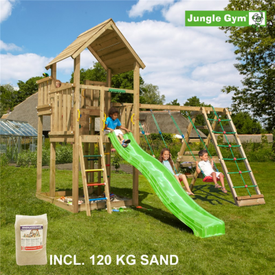 Legetrn komplet Jungle Gym Palace inkl. Climb module x'tra, 120 kg sand og grn rutsjebane