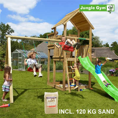 Legetrn komplet Jungle Gym Palace inkl. Swing module x'tra, 120 kg sand og grn rutsjebane
