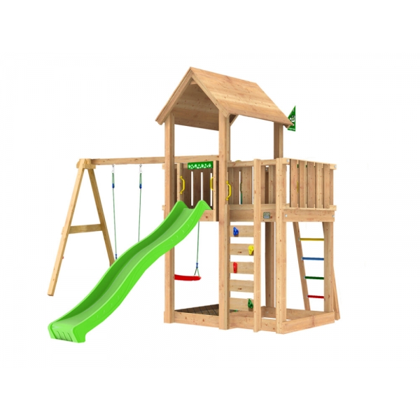 Legetrn komplet Jungle Gym Mansion 2.1 inkl. Swing modul, 120 kg sand og grn rutsjebane