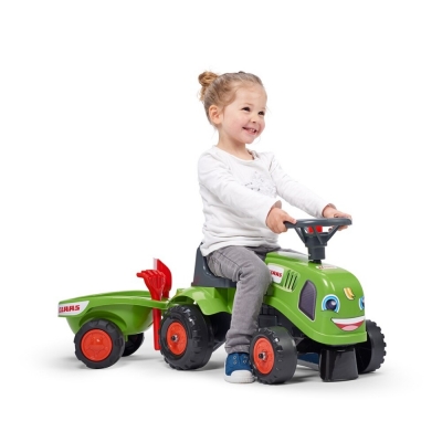 FALK baby Claas ride-on traktor med trailer, rive og skovl