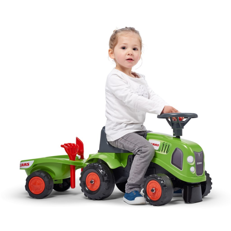 Fræk grøn Claas ride-on traktor til de små fra 1-3 år, vogn, rive samt skovl medfølger. Falk