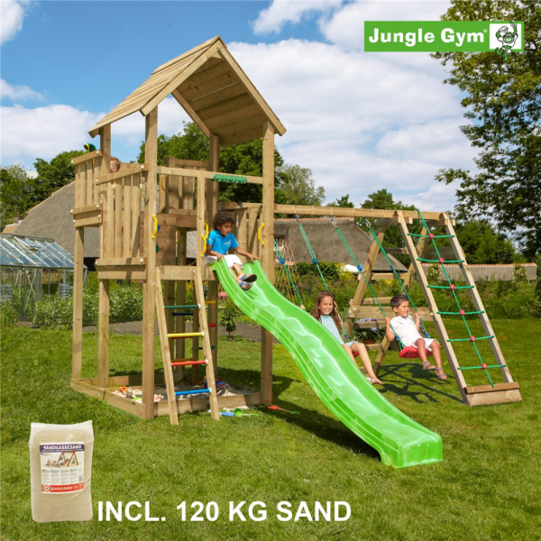 Legetårn komplet Jungle Gym Palace inkl. Climb module x'tra, 120 kg sand og grøn rutsjebane
