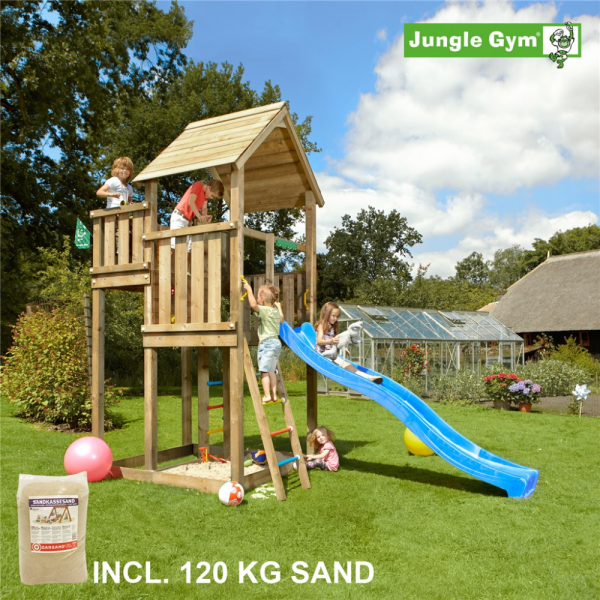 Legetårn komplet Jungle Gym Palace inkl. 120 kg sand og blå rutsjebane