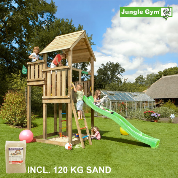 Legetårn komplet Jungle Gym Palace inkl. 120 kg sand og grøn rutsjebane
