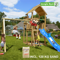 Legetårn komplet Jungle Gym Palace inkl. Swing module x'tra, 120 kg sand og blå rutsjebane