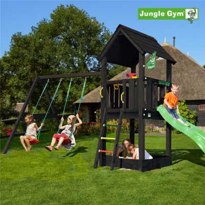 Legetårn komplet Jungle Gym Club inkl. Swing module x'tra og rutschebane, grundmalet sort