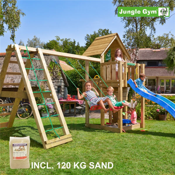 Legetårn komplet Jungle Gym Cubby inkl. Climb module x'tra, 120 kg sand og blå rutsjebane