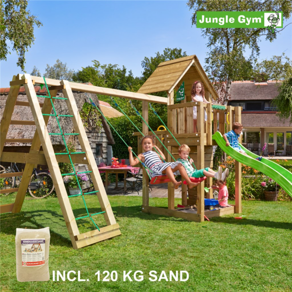 Legetårn komplet Jungle Gym Cubby inkl. Climb module x'tra, 120 kg sand og grøn rutsjebane