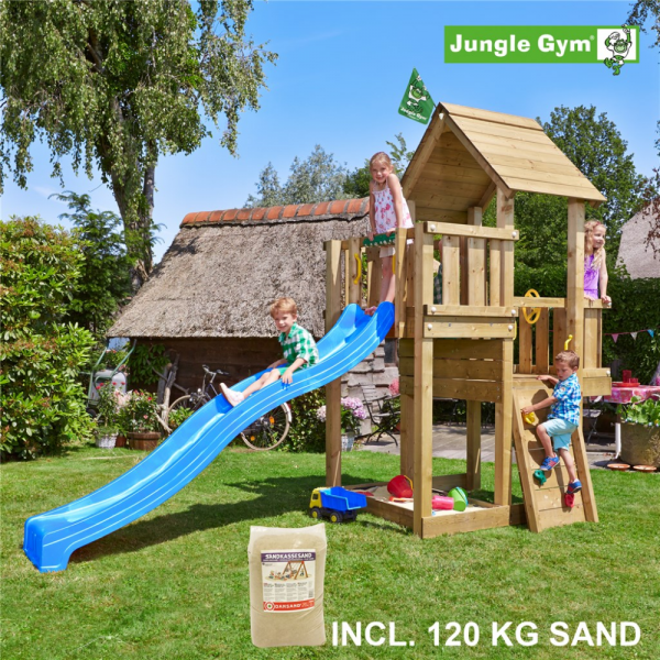 Legetårn komplet Jungle Gym Cubby inkl. 120 kg sand og blå rutsjebane