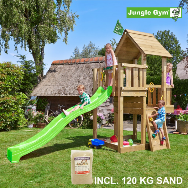 Legetårn komplet Jungle Gym Cubby inkl. 120 kg sand og grøn rutsjebane