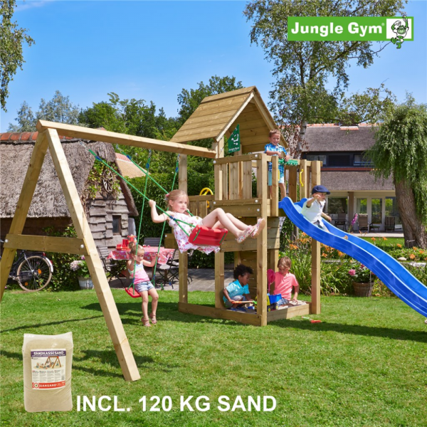 Legetårn komplet Jungle Gym Cubby inkl. Swing module x'tra, 120 kg sand og blå rutschebane