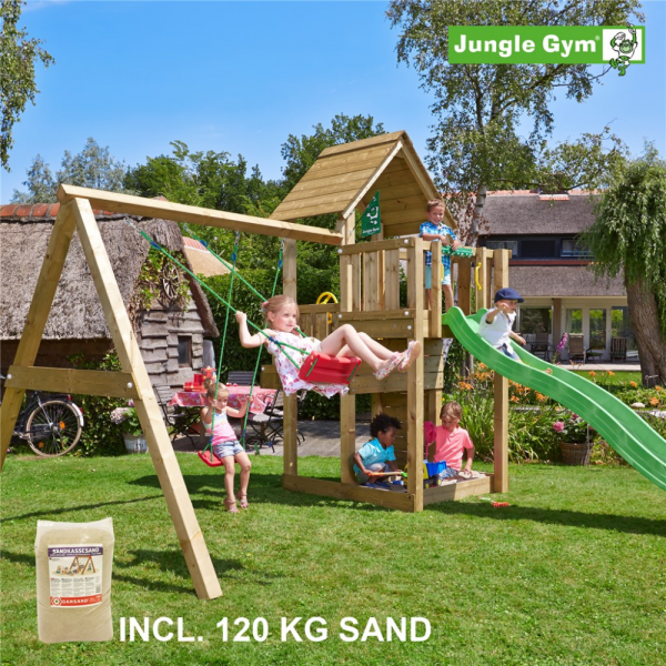 Legetårn komplet Jungle Gym Cubby inkl. Swing module x'tra, 120 kg sand og grøn rutschebane