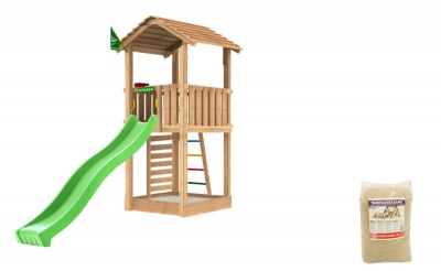 Legetrn komplet Jungle Gym Cottage 2.1 inkl. 120 kg sand og grn rutsjebane