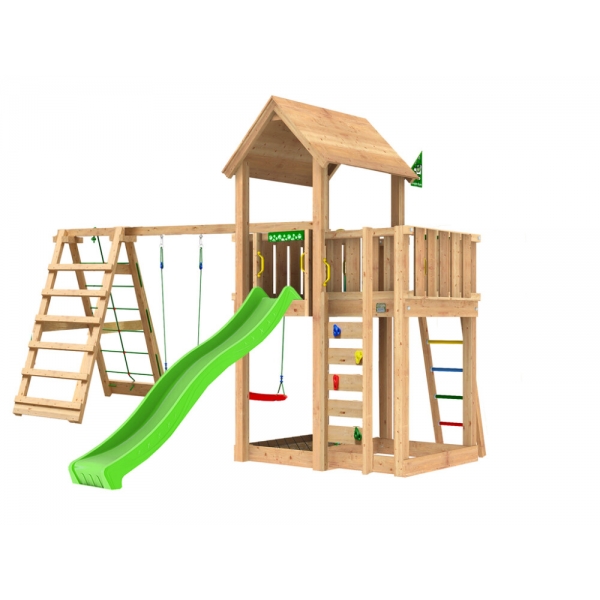 Legetrn komplet Jungle Gym Mansion 2.1 inkl. Climb modul, 120 kg sand og grn rutsjebane