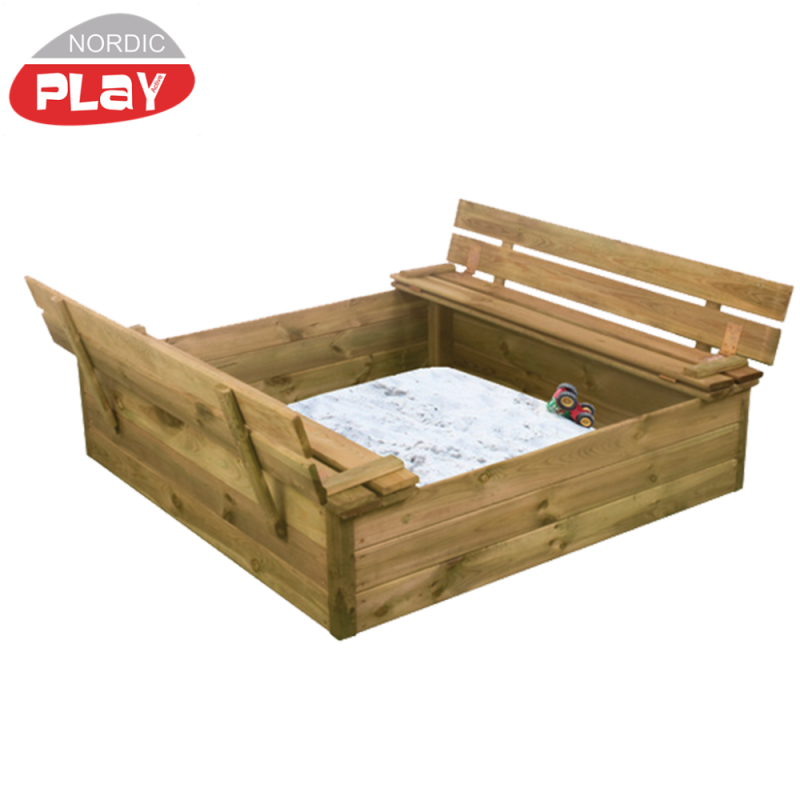 Sandkasse med vippelåg bænk, 240 kg. børnevenligt sand inkl. Fra Play